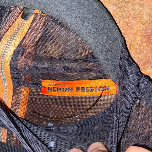 Heron Preston High Neck Rhinestone Mesh Leather Wool Mini Dress Size Small - Picture 5 of 10